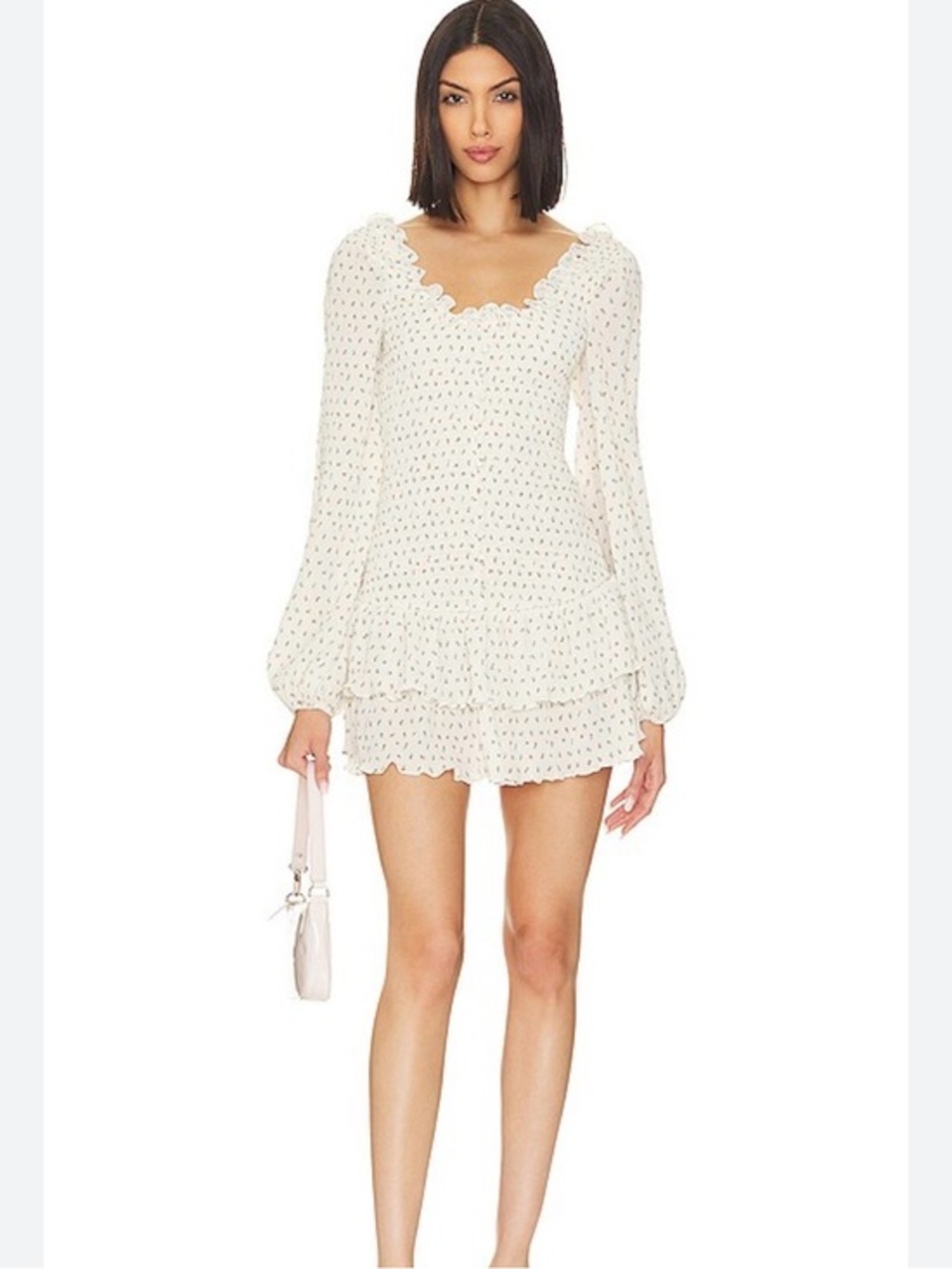 Tularosa Harlowe cream floral, long sleeve, button front, smocked mini dress S